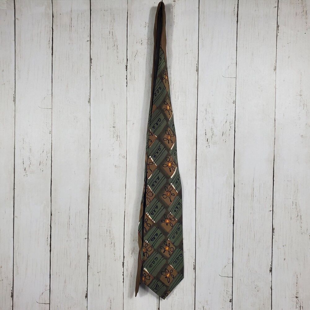 Vintage ROBERT DASKAL Handpainted / Sewn 100% Silk Tie Artist-Signed Brown Green
